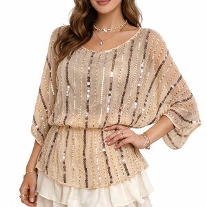 Y2K Beaded Sheer Batwing Blouse Champagne Gold | New Without Tags | Size S